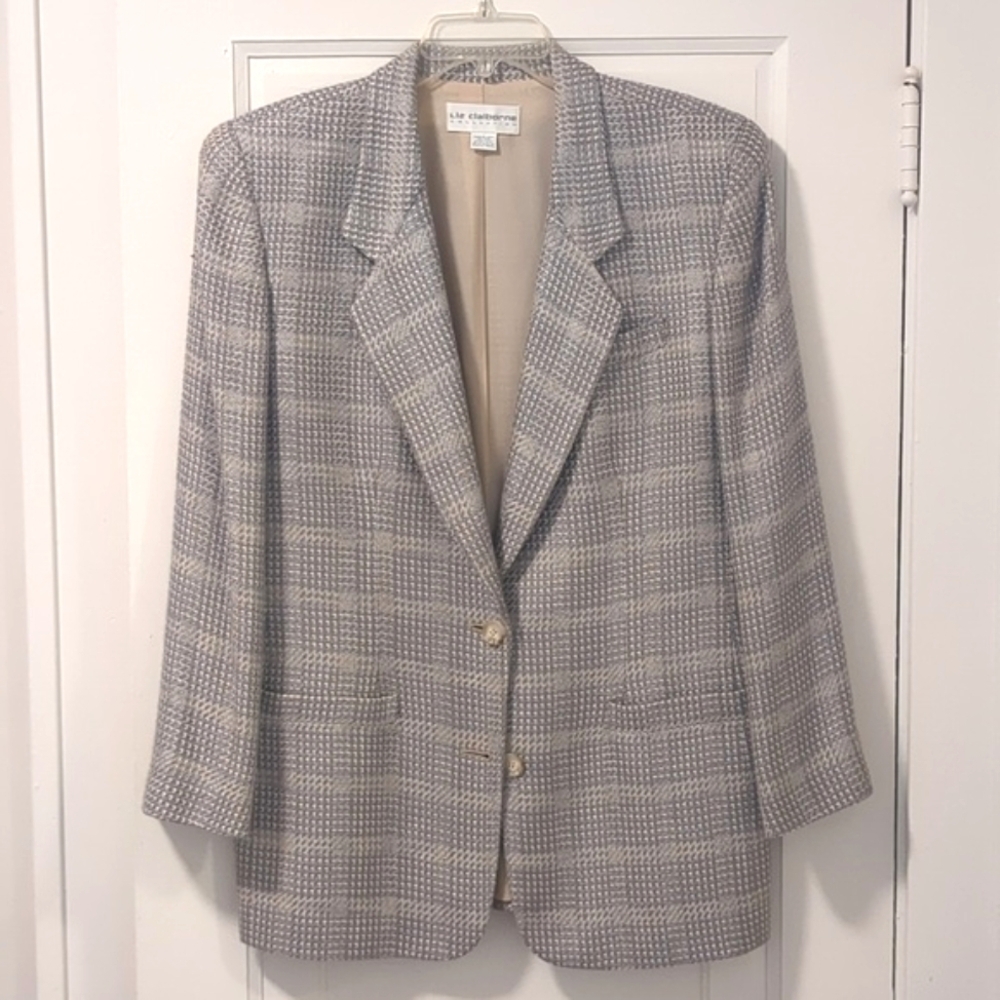 Liz Claiborne 90s tweed grey light blue oversize blazer 12